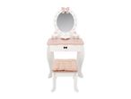 White and pink vanity table with an oval mirror, a drawer, and a matching stool with a cushion.