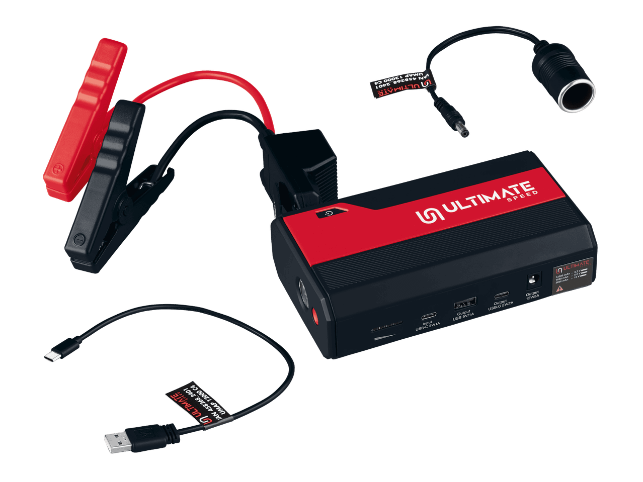 ULTIMATE SPEED -käynnistysapu ja lisävarusteet, mukaan lukien kaapelit ja laturit.