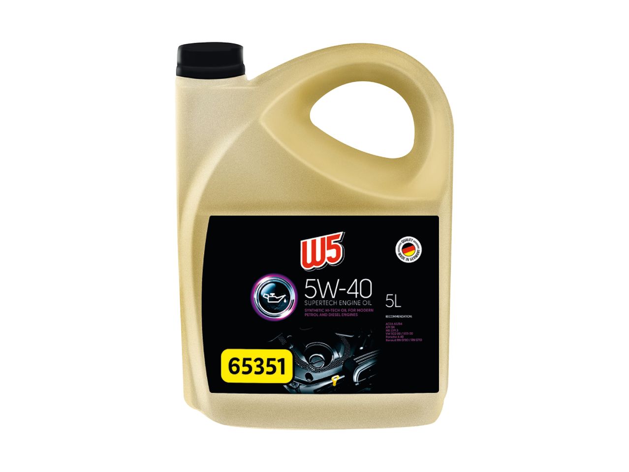 W5 5W-40 Supertech motorolie i en 5L beholder.