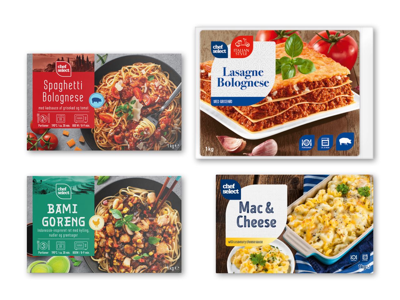 Fire færdigretter: Spaghetti Bolognese, Lasagne Bolognese, Bami Goreng og Mac & Cheese.
