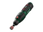 Cordless rotary tool with a sanding attachment, featuring power and speed indicators.