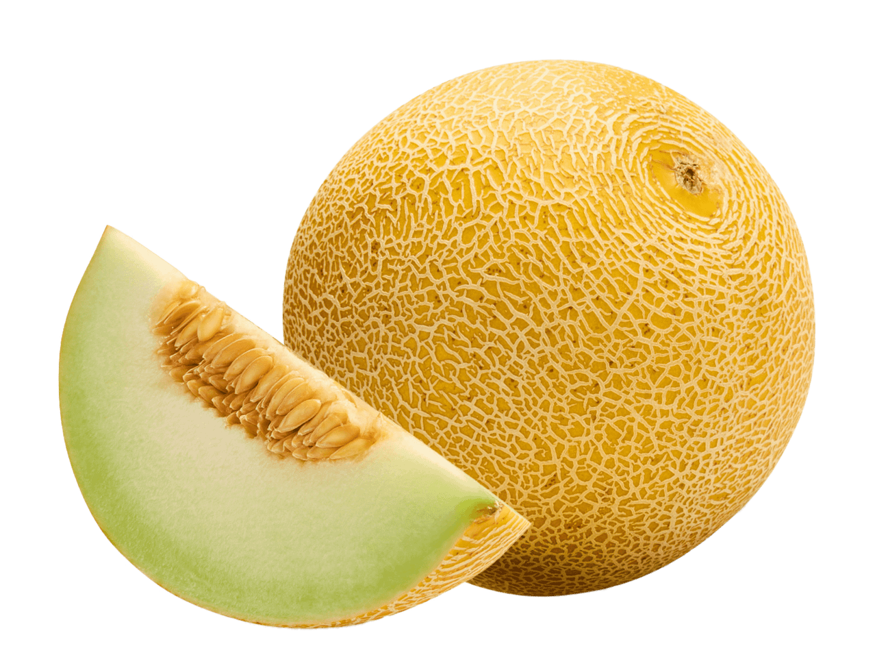 Eine ganze Honigmelone und ein Melonenstück mit Kernen