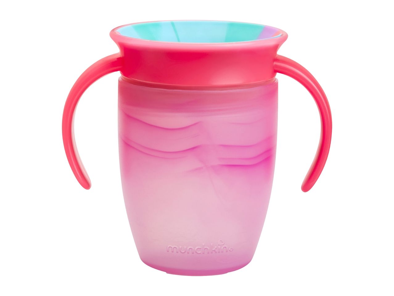 Pink baby training cup with handles and a turquoise rim