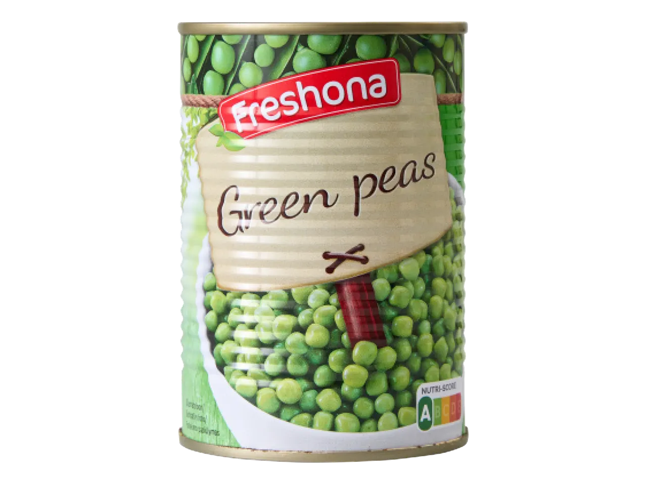 Freshona zaļo zirnīšu bundža ar Nutri-Score A marķējumu.