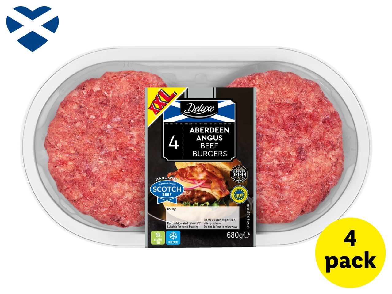 Pack of four Aberdeen Angus beef burgers, 680g, with a Scottish flag heart icon.