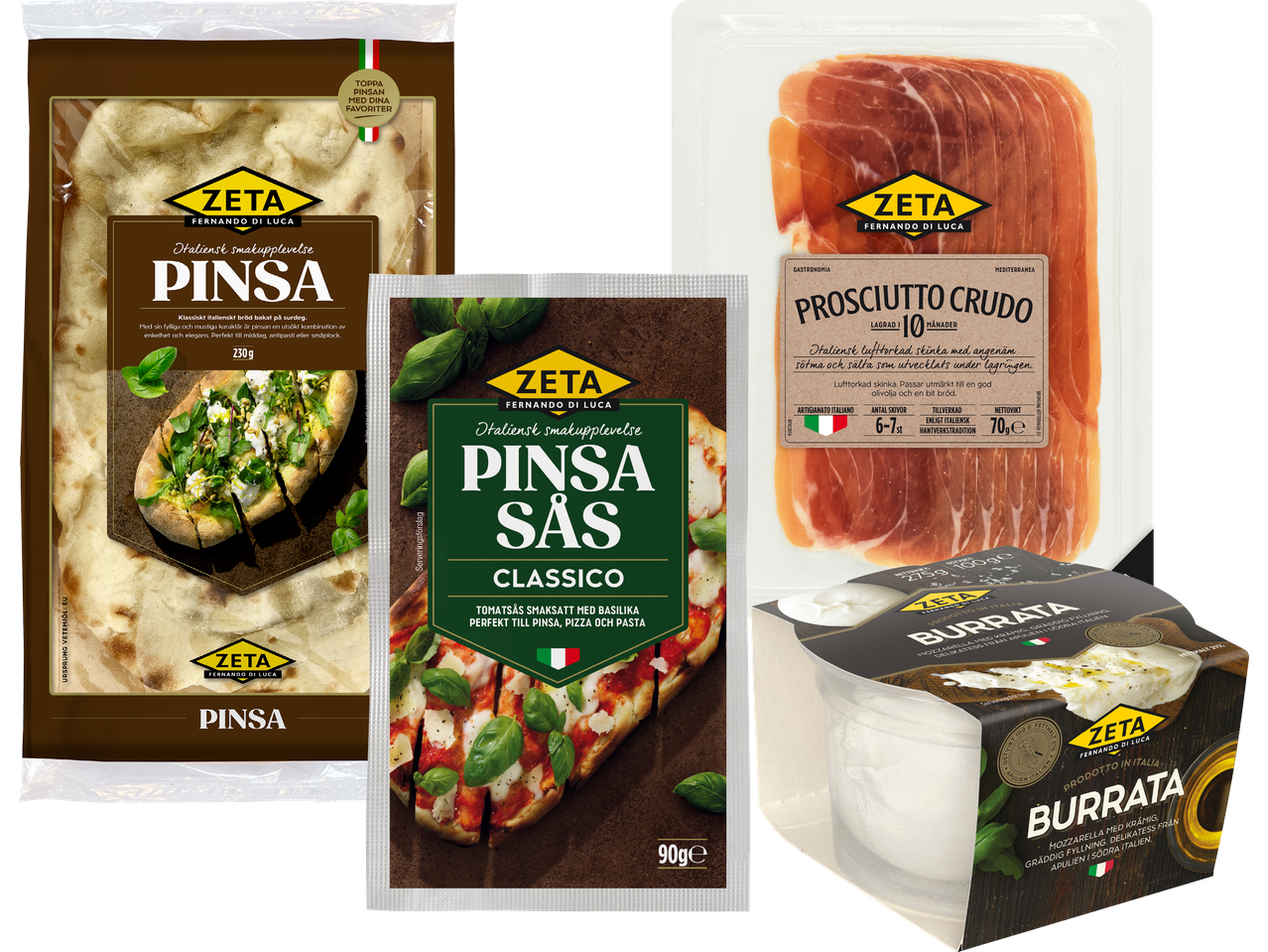 Pinsa-degar, prosciutto och mozzarella från Zeta.