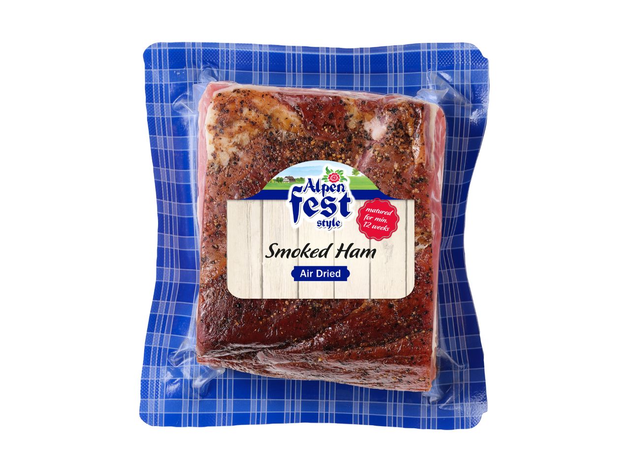 Vacuum-sealed smoked ham, air-dried and matured for a minimum of 12 weeks.