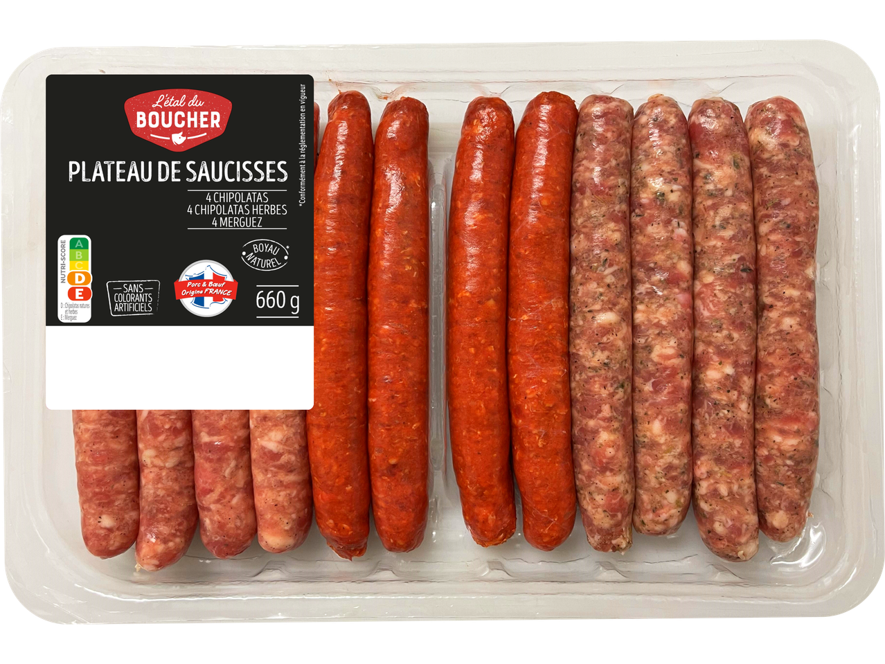 Plateau de saucisses L'étal du Boucher : chipolatas, chipolatas aux herbes, merguez.