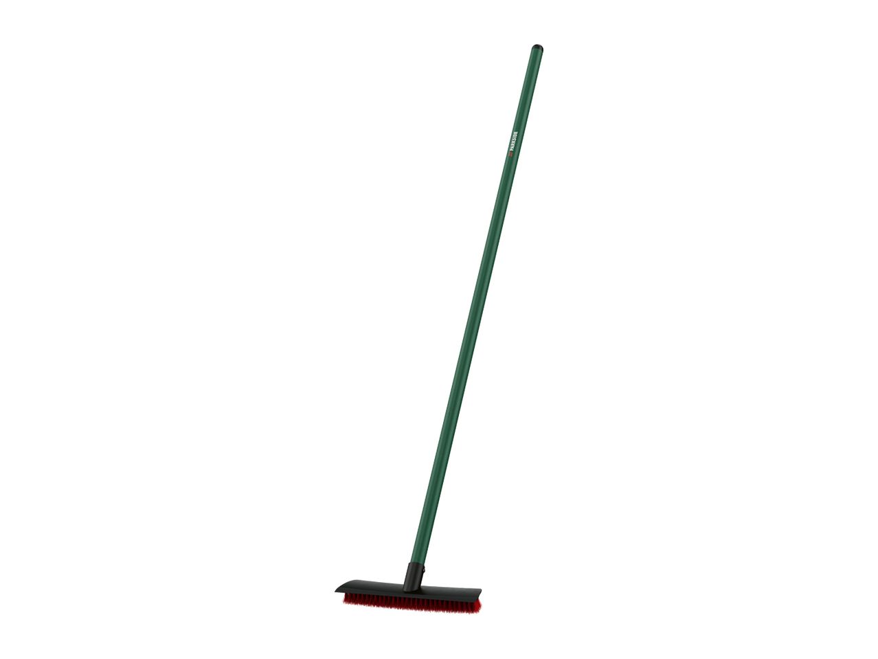 A green broom with a black head and red bristles, standing upright on a white background.