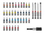 A collection of various screwdriver bits and a magnetic bit holder, featuring different sizes and tip types.