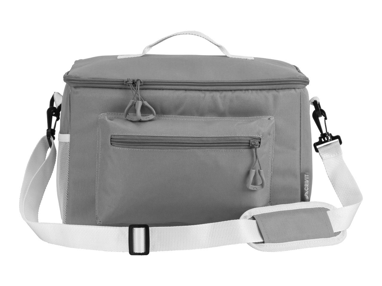 Grey cooler bag with a white shoulder strap and handle, featuring a front pocket.