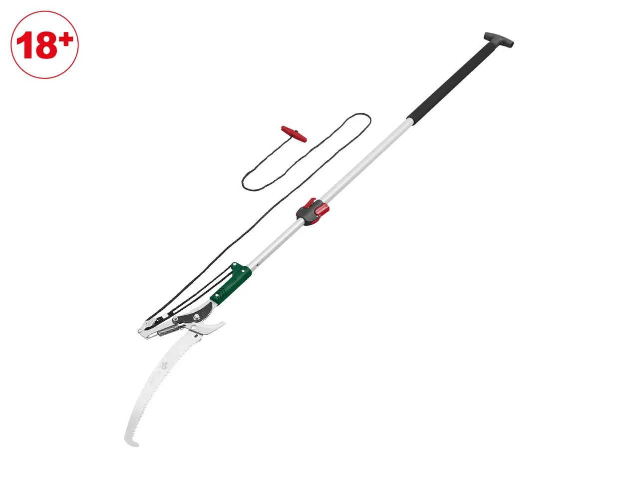 A long-handled pruning saw and lopper with a rope mechanism, featuring an 18+ age restriction icon.