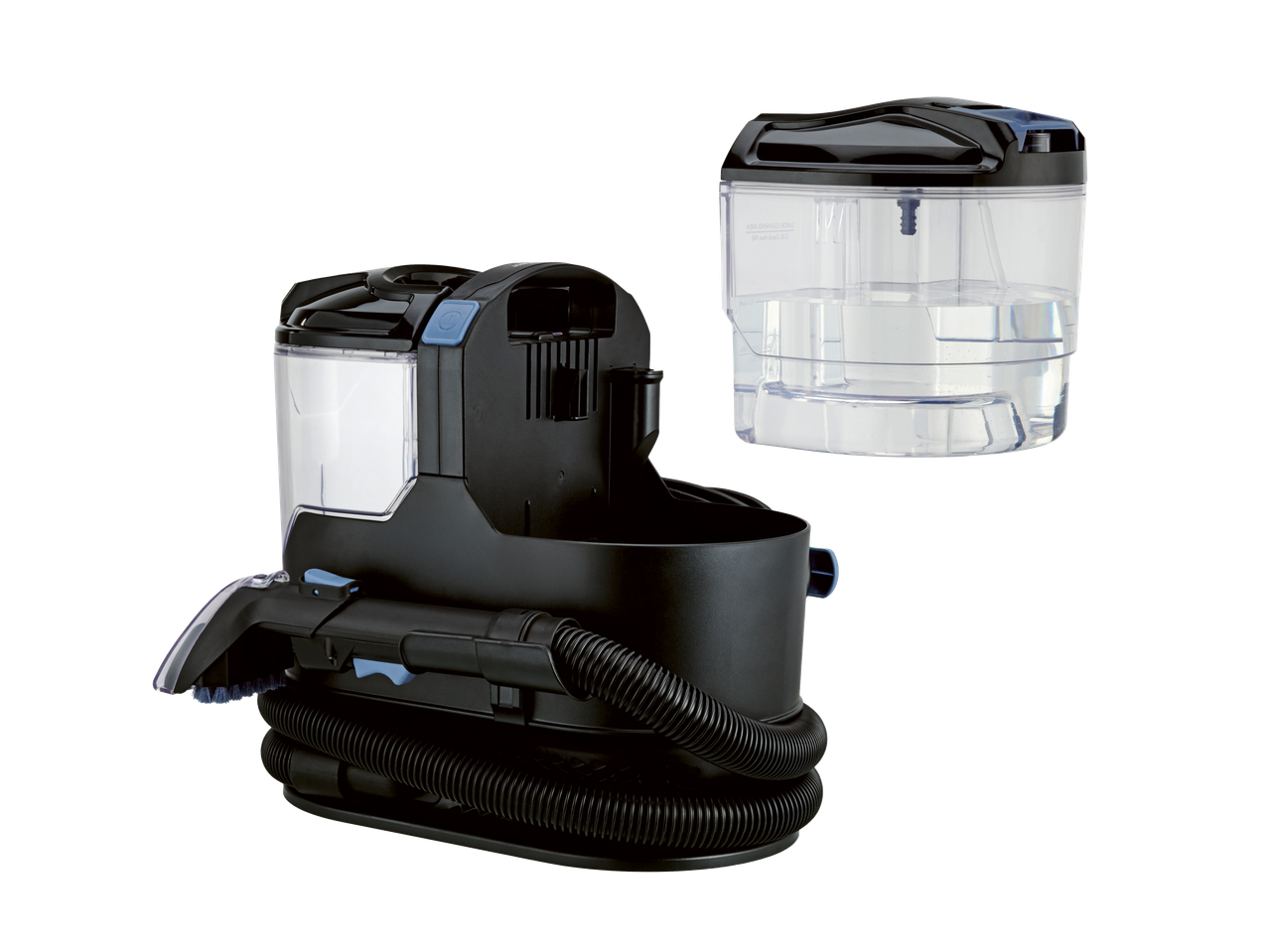 Portable spot cleaner with a detachable water tank, hose, and brush attachment.