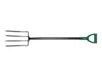 A black garden fork with a green D-handle.