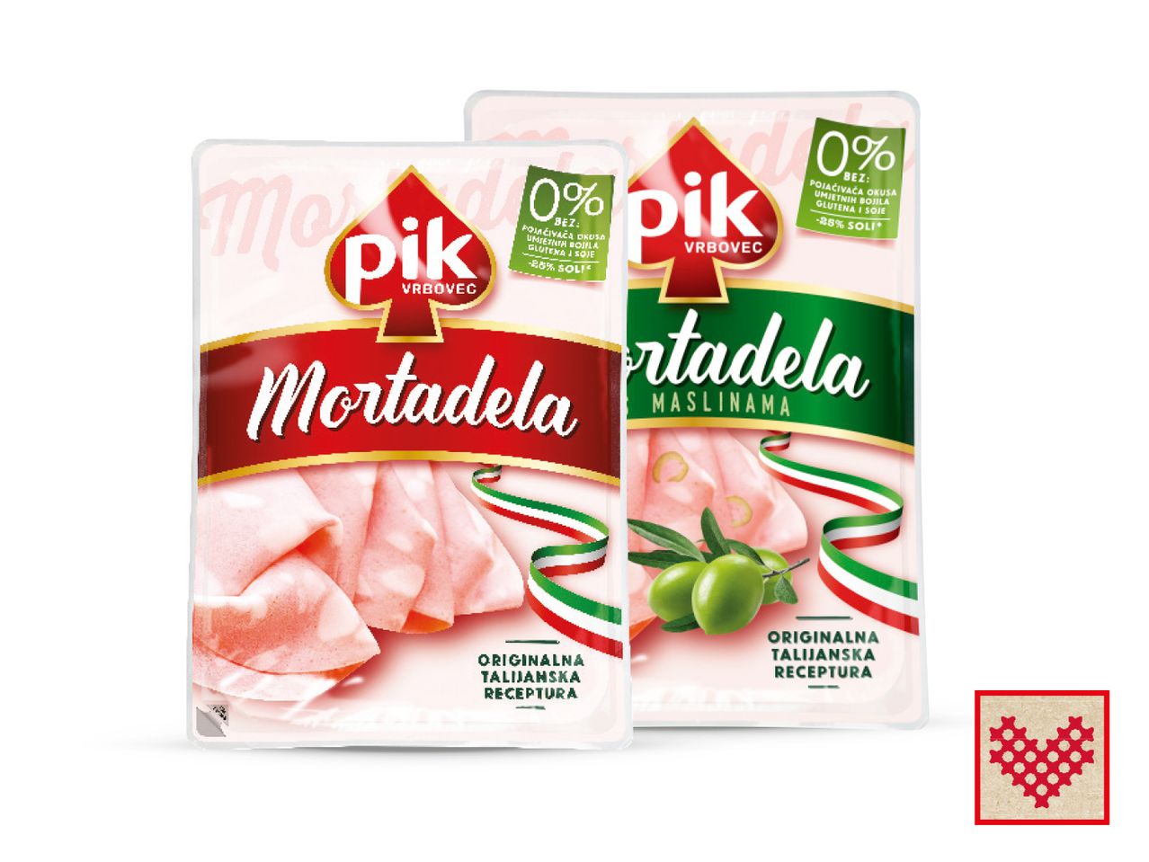 Pakiranja Pik mortadele, klasične i s maslinama, s naglaskom na 0% umjetnih dodataka.