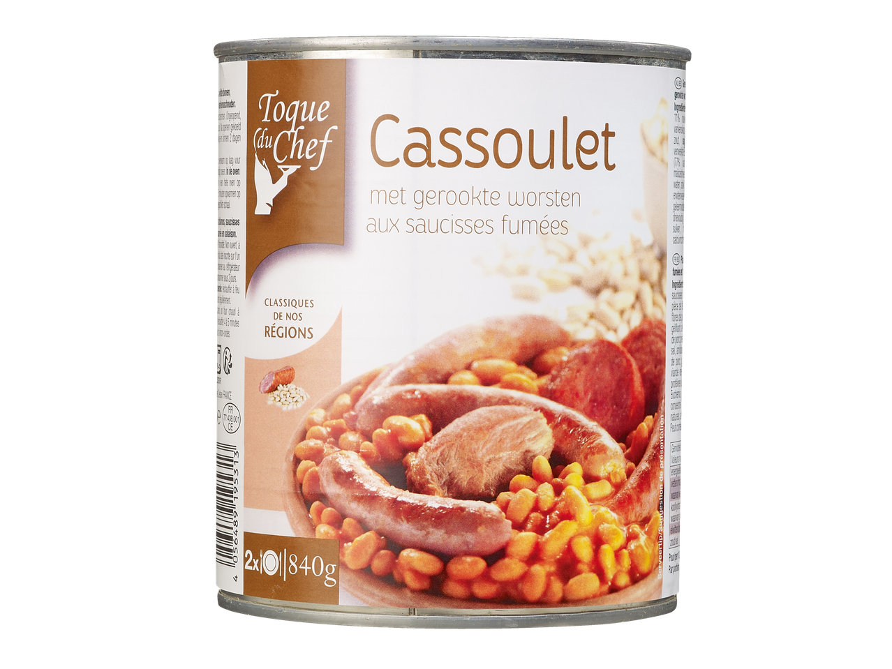 Une boîte de Cassoulet Toque du Chef aux saucisses fumées.