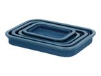 Set of four rectangular, nesting, dark blue silicone food containers.