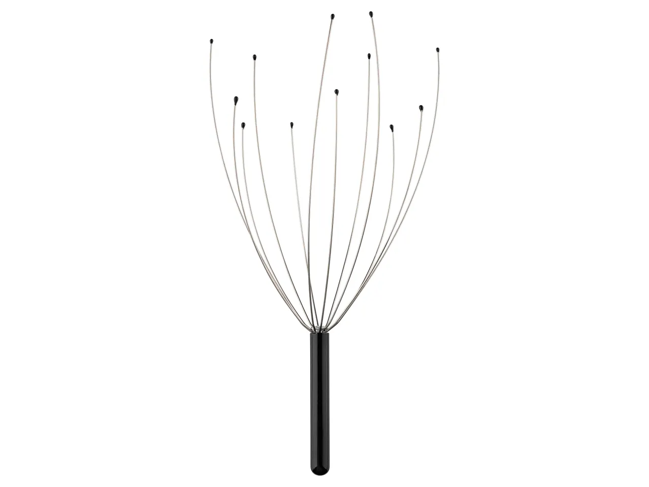 A head massager with a black handle and silver wires topped with black beads.