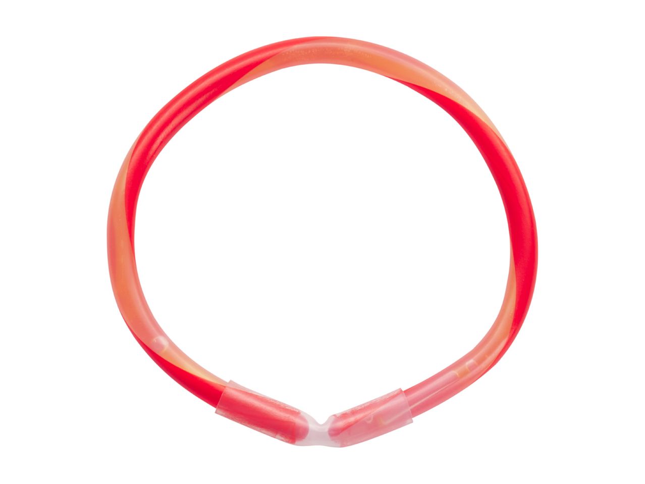 Red and orange twisted glow stick necklace or bracelet, forming a circle.
