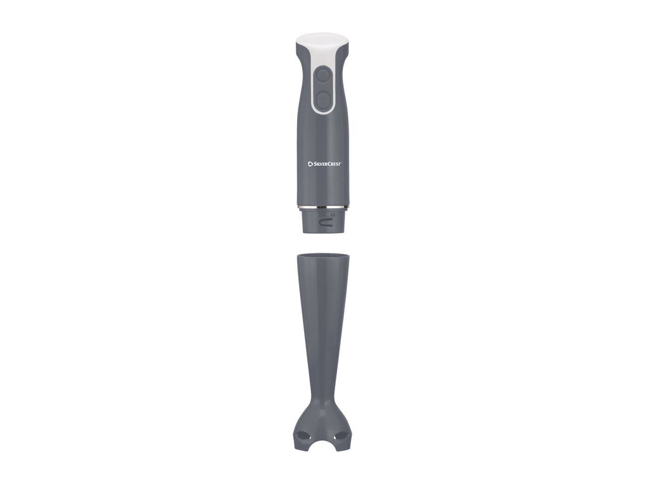 SilverCrest hand blender, separated into two parts, on a white background.