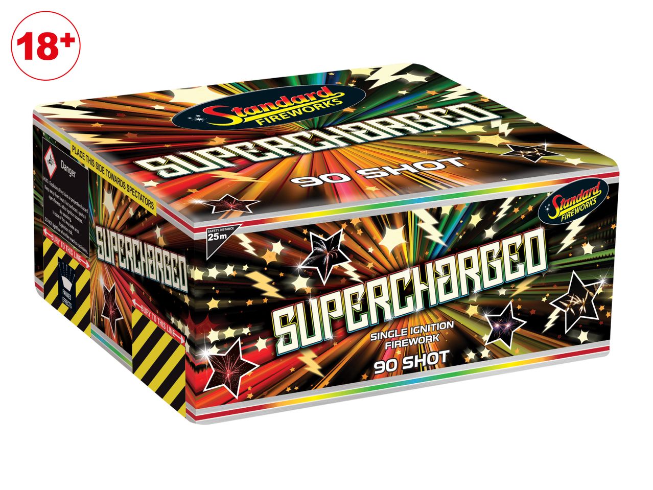 A 90-shot single ignition firework box with colorful starburst designs.