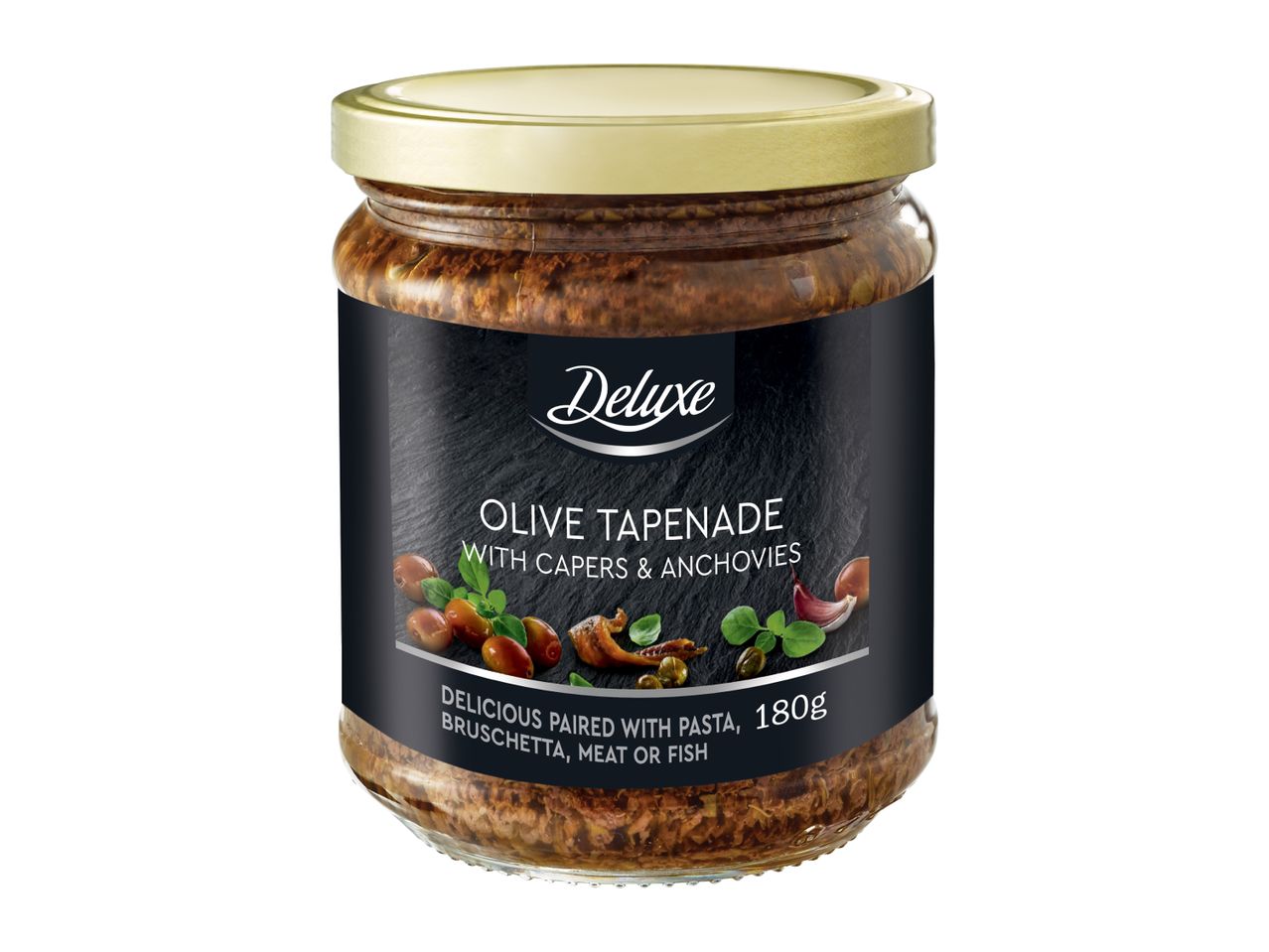 Deluxe Olive Tapenade with Capers & Anchovies in a glass jar, 180g.