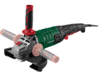Angle grinder with a green and black body, red accents, and a black power cord.