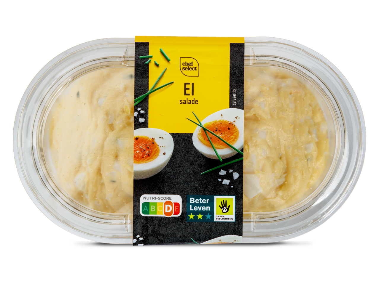 Een verpakking eiersalade met een Nutri-Score D en Beter Leven keurmerk.