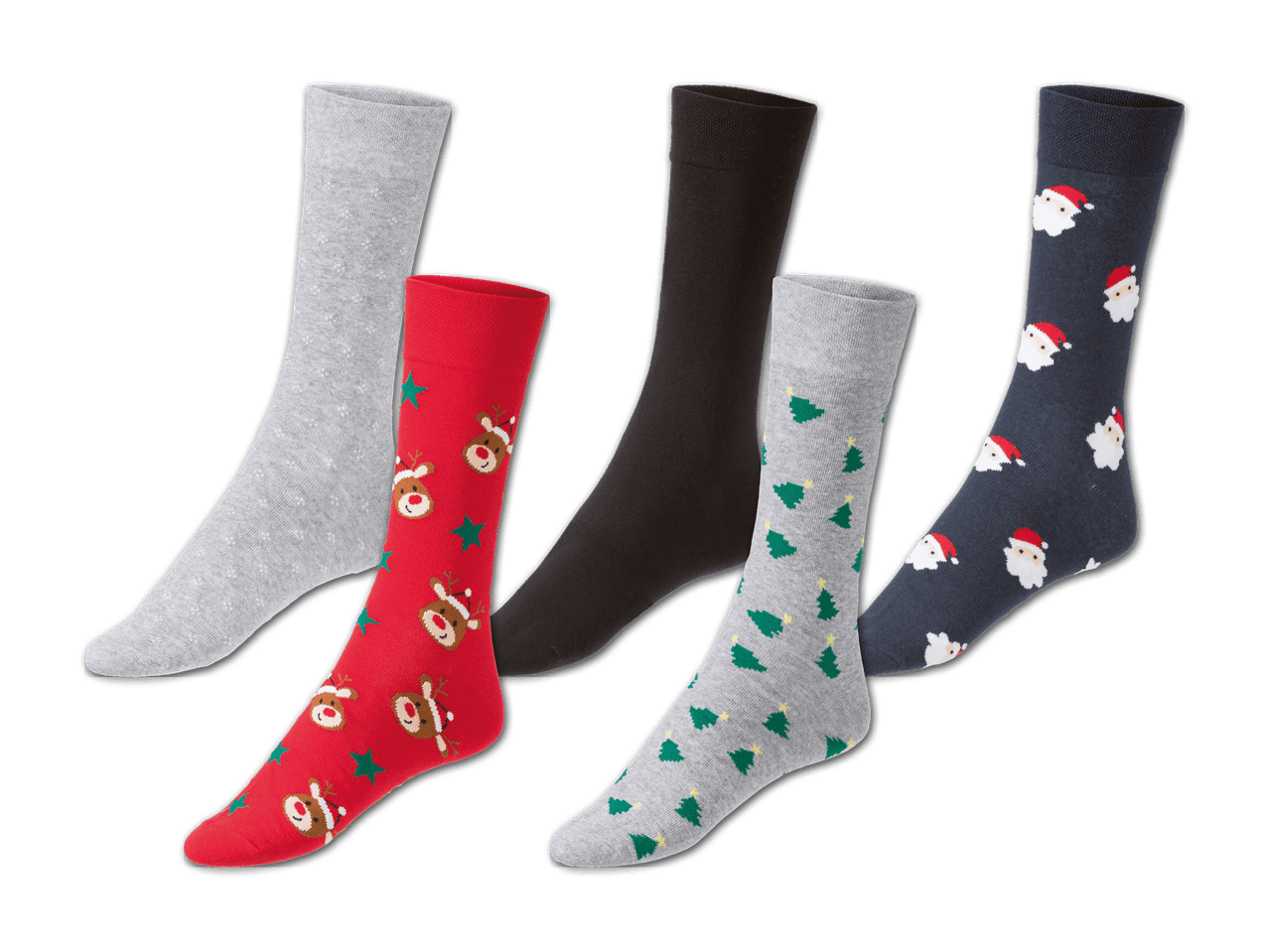 Fünf Paar Socken, darunter einfarbige, mit Rentieren, Weihnachtsbäumen und Weihnachtsmännern.