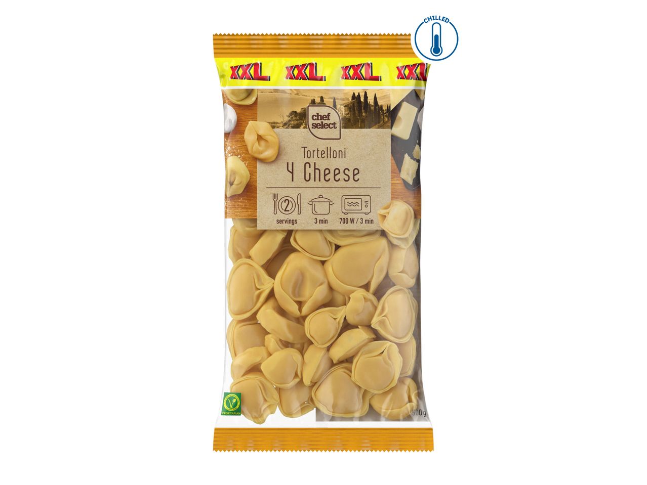 Chef Select XXL 4 Cheese Tortelloni, a chilled vegetarian pasta product.