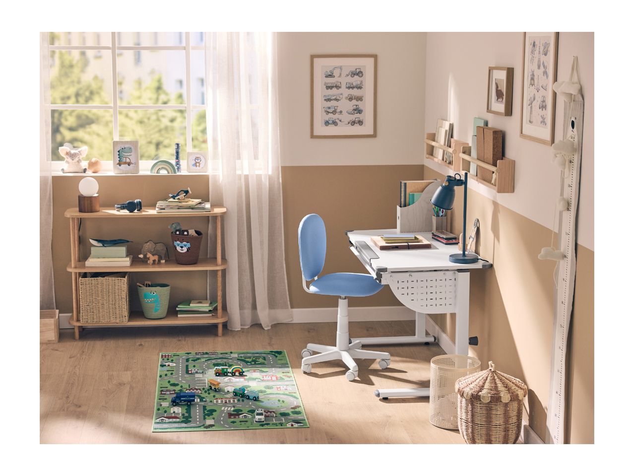 Children's room with a light blue desk chair, a white adjustable desk, and a wooden shelf unit.