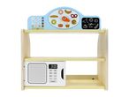 Wooden toy kitchen with microwave, calculator, and bakery-themed clock.