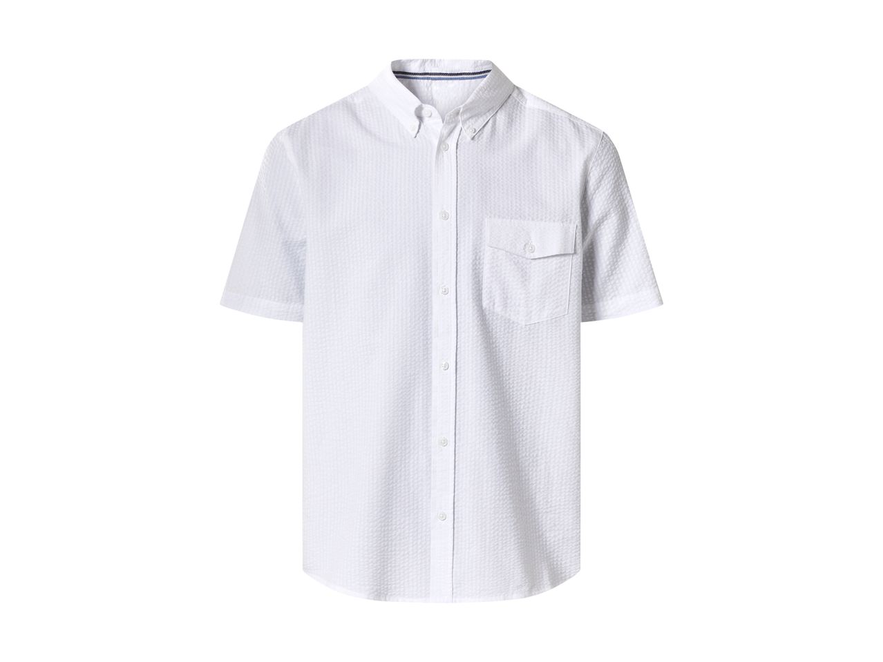 White short-sleeved button-down shirt with a textured fabric and a chest pocket