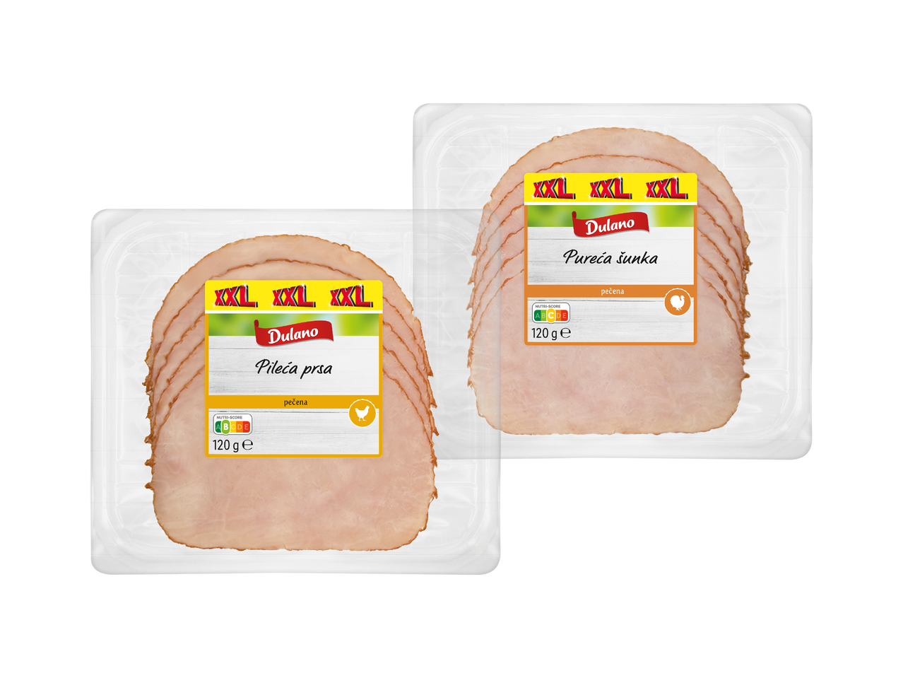 Dva pakiranja Dulano narezaka: pileća prsa i pureća šunka, oba s oznakom XXL i Nutri-Score.