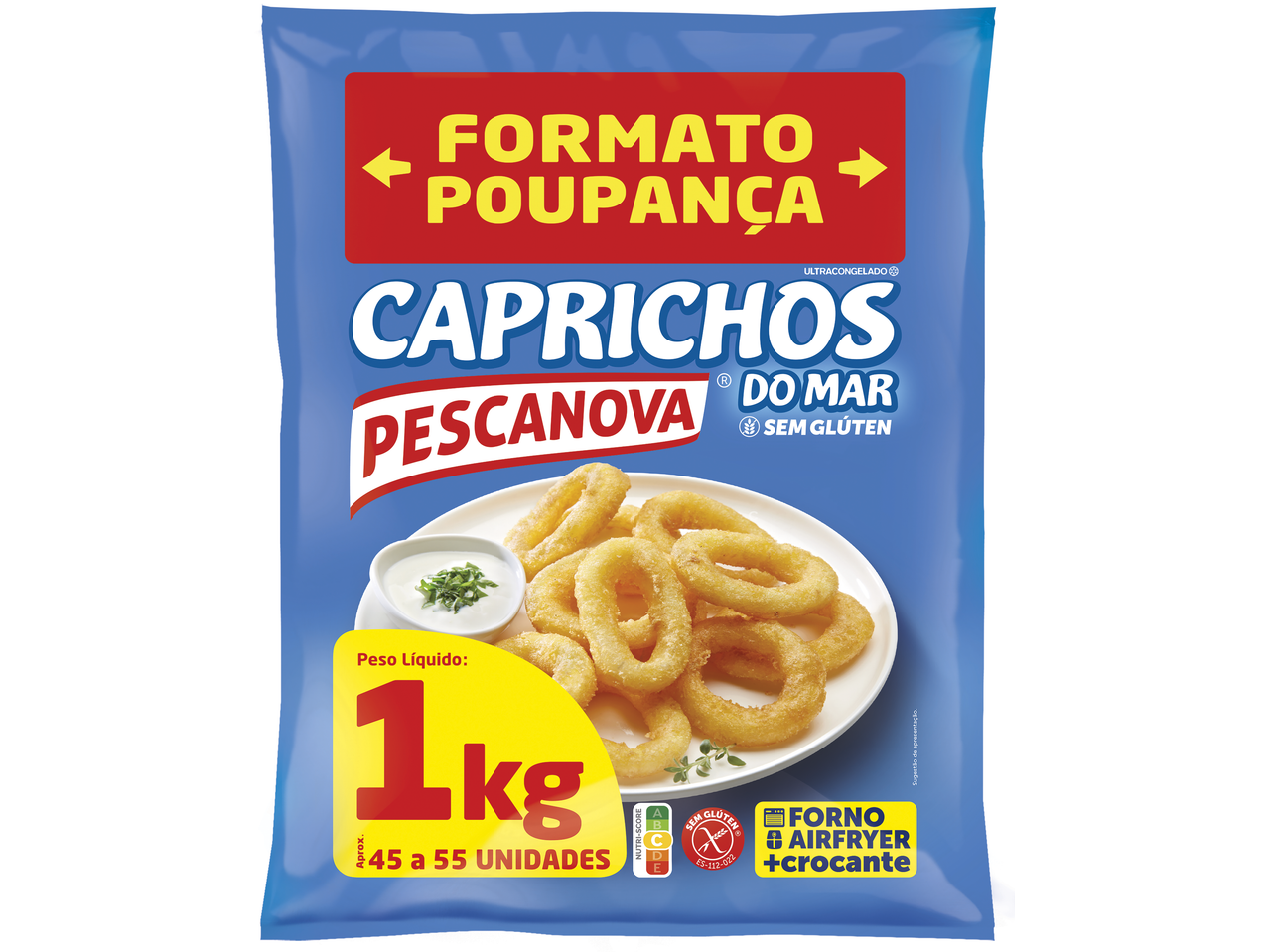 Pescanoa Caprichos do Mar, saco de 1kg de anéis de cebola congelados sem glúten com molho.