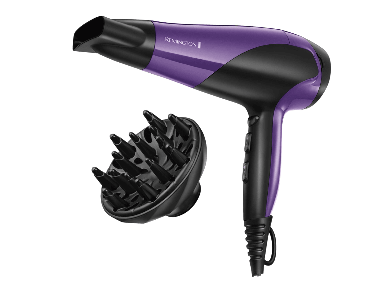 Violetti hiustenkuivain ja diffuusoriosa mustalla taustalla.