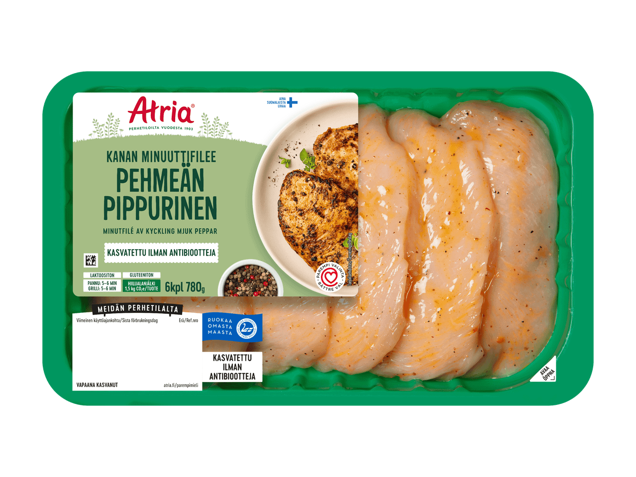 Pakkaus maustettuja kanan minuuttifileitä, joissa on tekstiä ja kuva valmiista ruoasta.