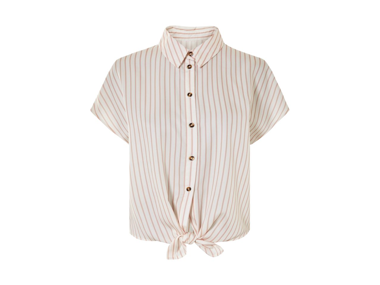 En beige stribet skjorte med korte ærmer og en knude foran.