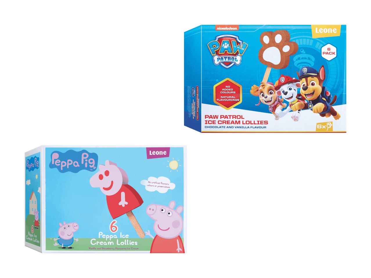 Zwei Schachteln Eis am Stiel, eine im Paw Patrol- und eine im Peppa Pig-Design.