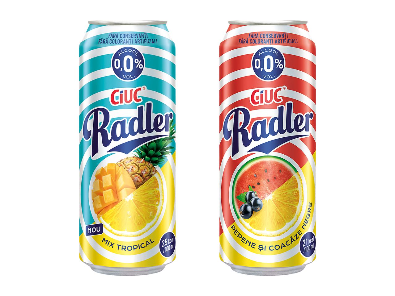 Două doze de bere Ciuc Radler, una cu ananas și mango, cealaltă cu pepene și coacăze negre.