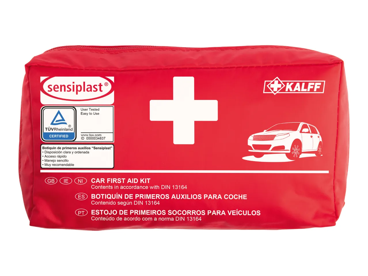 Red Sensoplast car first aid kit with a white cross and a car illustration.