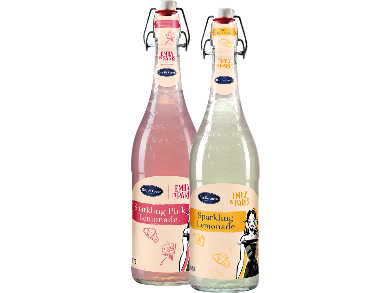 Två flaskor med Duc de Coeur Lemonade, en rosa och en ljusgul.