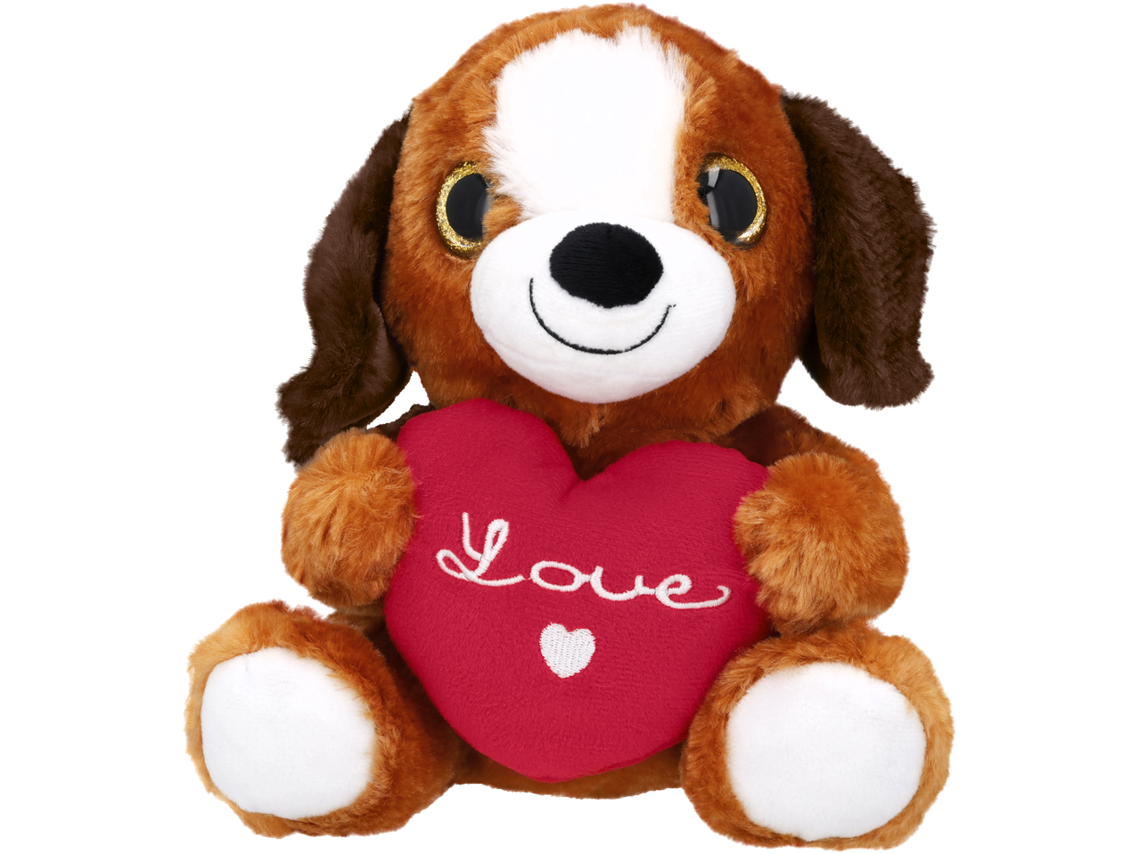Pliušinis rudas šuo su raudona širdimi, ant kurios parašyta „Love“.