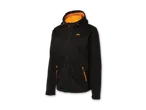 Schwarze Softshelljacke mit orangefarbenem Innenfutter und Reißverschlüssen