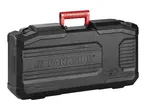 Black hard case with a red handle and embossed branding