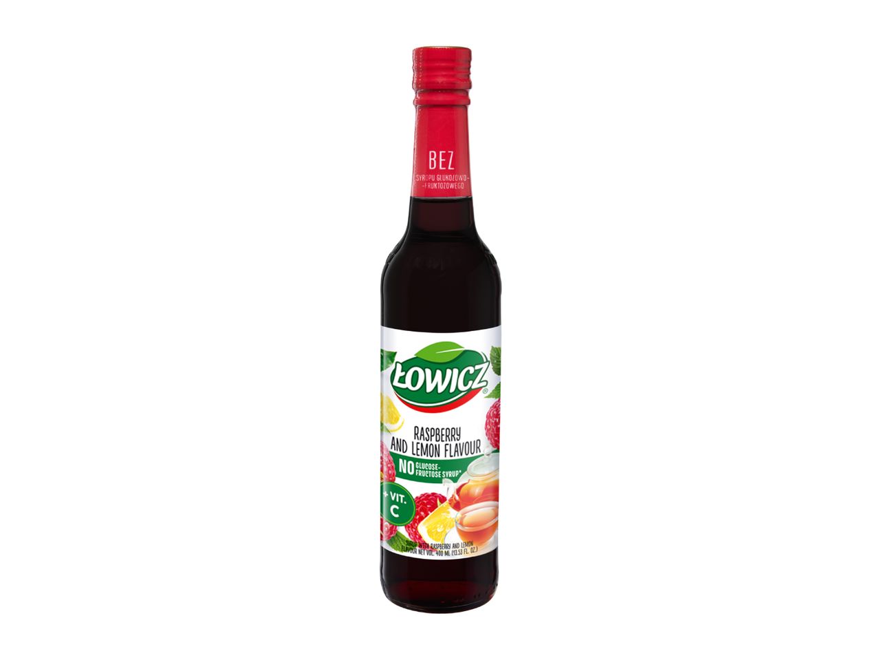 Raspberry and lemon flavored syrup with vitamin C, no glucose-fructose syrup.