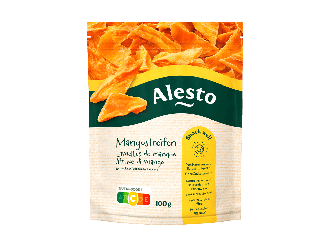 Eine Packung getrocknete Mangostreifen mit Nutri-Score B, 100 g.