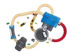 Overhead view of a wooden train track set with yellow and white trains, a blue tunnel, and a turntable.