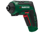 Зелен акумулаторен винтоверт Parkside PAS 4 D7 с черни и червени акценти