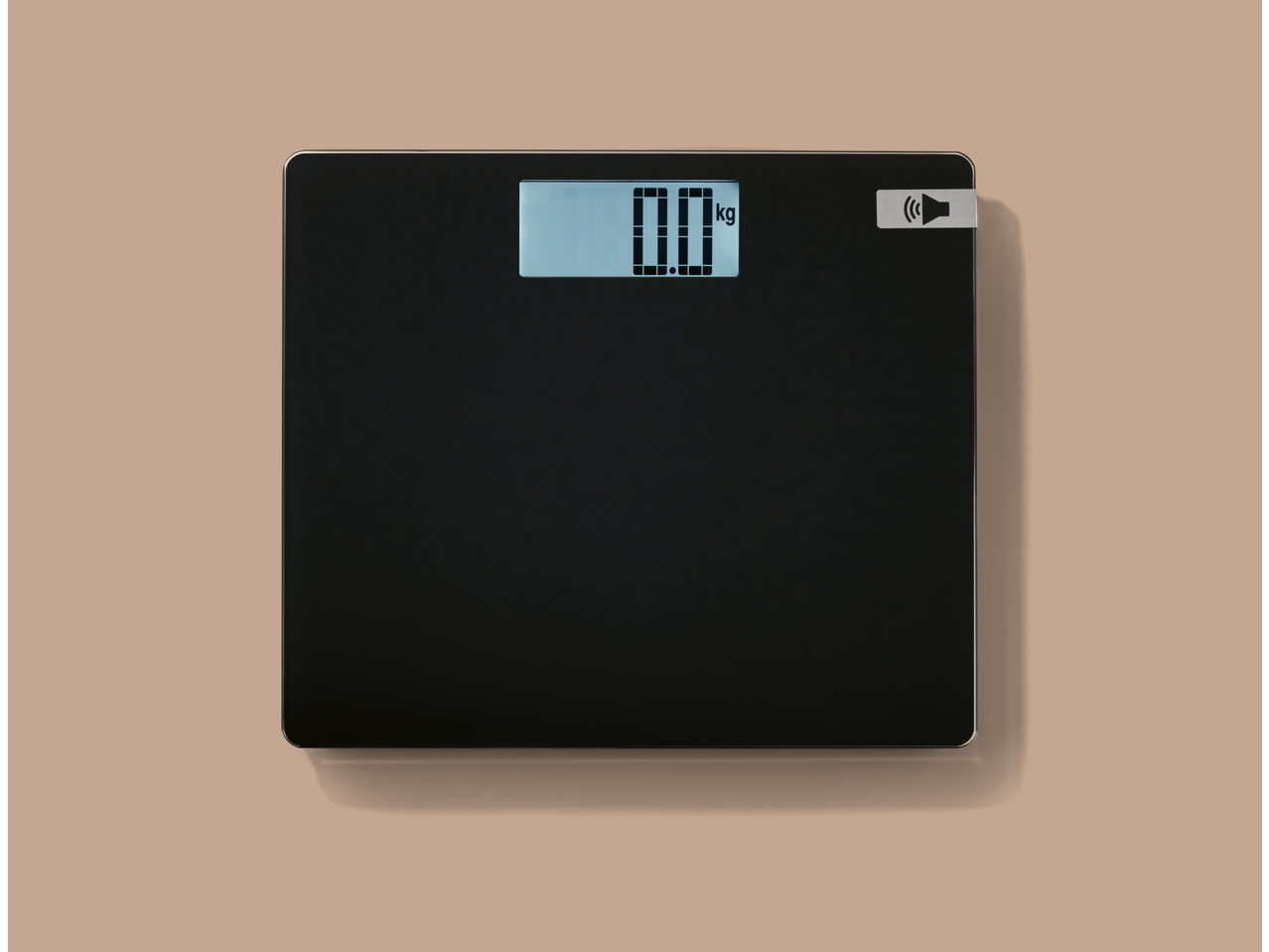 Cântar de baie digital negru LIVARNO cu funcție de vorbire, afișând 0.0 kg.